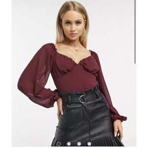 Misguided Maroon Sheer Long Sleeves Milkmaid Top US size 6